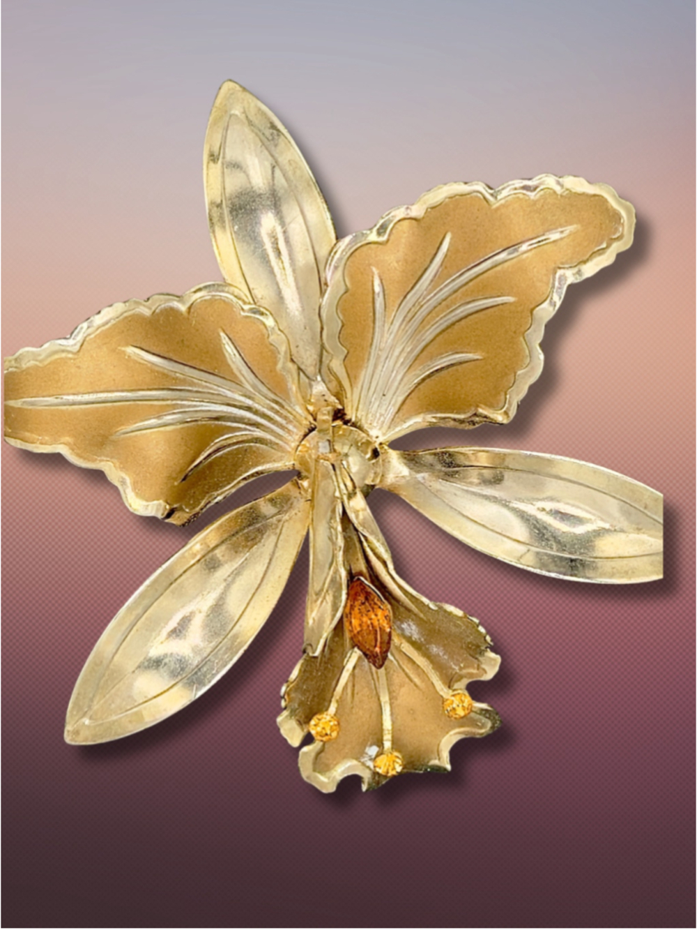 Vintage Large Gold-Tone Orchid Brooch Amber Rhinestones